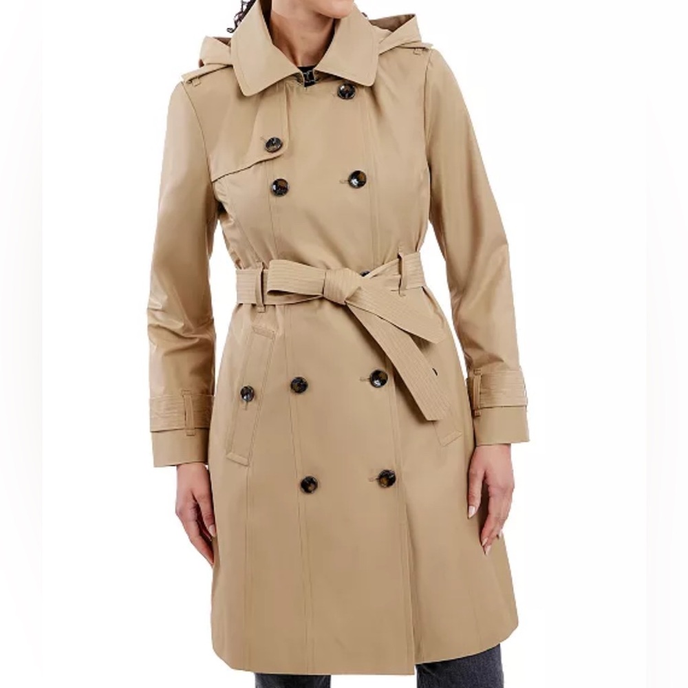 London Fog Double-Breasted Hooded Trench Coat – British Khaki – Size XS